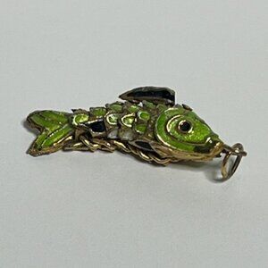 Vtg Articulated Green Enamel Koi Fish Good Luck Pendant Asian Jewelry 1.25"